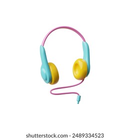 Colorful headphone with wire 3D plastic style vector icon. 90s retro 3d music listening device. Cartoon portable stereo headset. Vintage musical entertainment equipment accessory gadget isolated