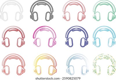 Colorful headphones icons, minimalist line drawings, circular designs, rainbow palette, repeating pattern, music technology symbols, simple geometric shapes, retro tech illustration, pastel colors, au