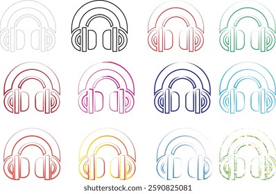 Colorful headphones icons, minimalist line drawings, circular designs, rainbow palette, repeating pattern, music technology symbols, simple geometric shapes, retro tech illustration, pastel colors, au