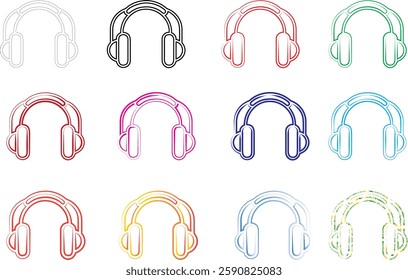 Colorful headphones icons, minimalist line drawings, circular designs, rainbow palette, repeating pattern, music technology symbols, simple geometric shapes, retro tech illustration, pastel colors, au