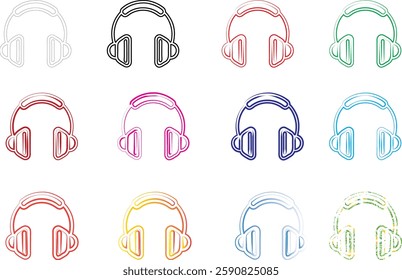 Colorful headphones icons, minimalist line drawings, circular designs, rainbow palette, repeating pattern, music technology symbols, simple geometric shapes, retro tech illustration, pastel colors, au