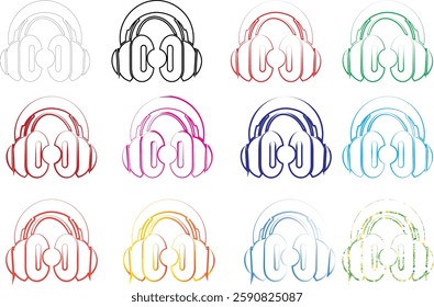 Colorful headphones icons, minimalist line drawings, circular designs, rainbow palette, repeating pattern, music technology symbols, simple geometric shapes, retro tech illustration, pastel colors, au