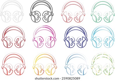 Colorful headphones icons, minimalist line drawings, circular designs, rainbow palette, repeating pattern, music technology symbols, simple geometric shapes, retro tech illustration, pastel colors, au