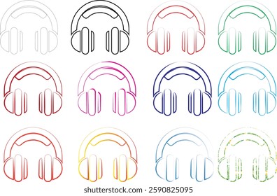 Colorful headphones icons, minimalist line drawings, circular designs, rainbow palette, repeating pattern, music technology symbols, simple geometric shapes, retro tech illustration, pastel colors, au