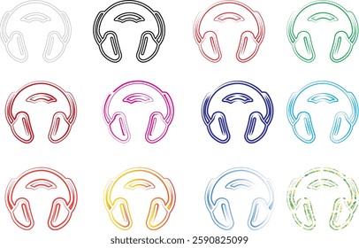 Colorful headphones icons, minimalist line drawings, circular designs, rainbow palette, repeating pattern, music technology symbols, simple geometric shapes, retro tech illustration, pastel colors, au