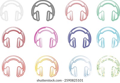 Colorful headphones icons, minimalist line drawings, circular designs, rainbow palette, repeating pattern, music technology symbols, simple geometric shapes, retro tech illustration, pastel colors, au