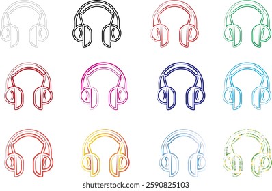 Colorful headphones icons, minimalist line drawings, circular designs, rainbow palette, repeating pattern, music technology symbols, simple geometric shapes, retro tech illustration, pastel colors, au