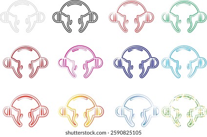 Colorful headphones icons, minimalist line drawings, circular designs, rainbow palette, repeating pattern, music technology symbols, simple geometric shapes, retro tech illustration, pastel colors, au