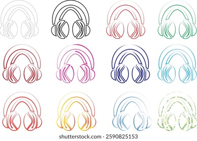 Colorful headphones icons, minimalist line drawings, circular designs, rainbow palette, repeating pattern, music technology symbols, simple geometric shapes, retro tech illustration, pastel colors, au