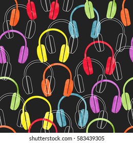 Colorful headphones on black, seamless pattern. Vector music background with earphones.