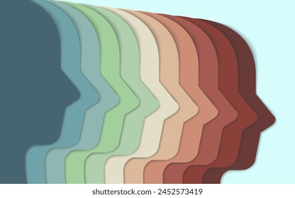 Colorful heads sign symbol overlay. Group diversity multiethnic silhouette side view people. Concept of Collaborators, Mental health, psychology, different nation, culture, contrast mind, Community