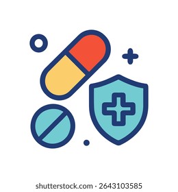 Colorful health protection emblem with pills. Icon symbol illustration