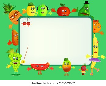 colorful healthy fruit cartoon icons with board illustration