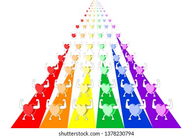 Colorful healthy hearts lifting hands and standing in rows, rainbow (LGBT colors) striped background. Concepts of LGBTQ, teamwork, etc. Flat design vector illustration.