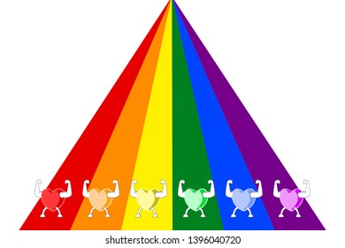 Colorful healthy hearts showing strength on rainbow striped background. LGBT colors. Concepts of support LGBTQ, colorful valentines, etc. Flat design vector illustration.