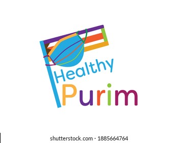 Colorful healthy Purim greeting with grogger wearing colorful face mask