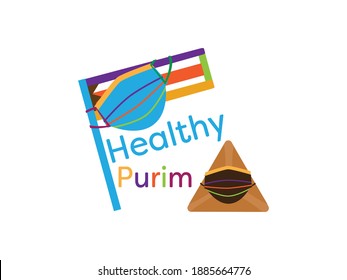 Colorful healthy Purim greeting with grogger wearing colorful face mask and hamantasch wearing chocolate face masks