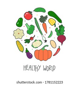 Colorful healthy vegetable collection with vector broccoli, beetroot, red hot pepper, avocado, zucchini, tomato, eggplant, potato, radish, corn, carrot, green pea, spring onion, cauliflower, cucumber