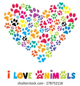Colorful heart with animals footprints and text I love animals