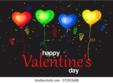 Colorful heart balloons on black background and Happy Valentine's day text. Vector illustration. Valetine's day card.