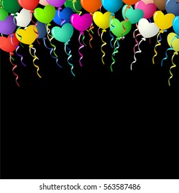 Colorful heart balloons on ribbons over black background
