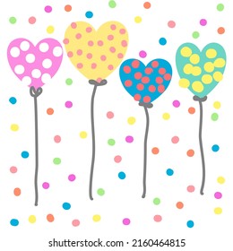 Colorful heart balloons with polka dots on a polka dot background.