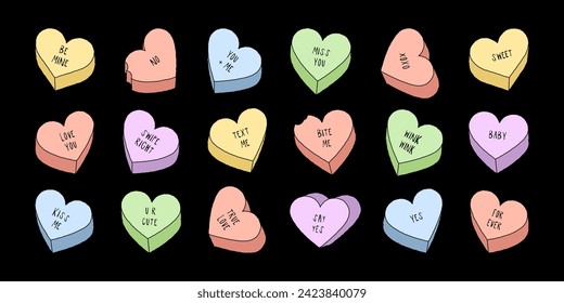 Coloridas caricaturas de caramelos cardíacos. Colección de corazones de citas amorosas. Paquete de doodles de San Valentín de vacaciones, diseño romántico en un entorno aislado. Pastel de color dulce con un mensaje divertido.