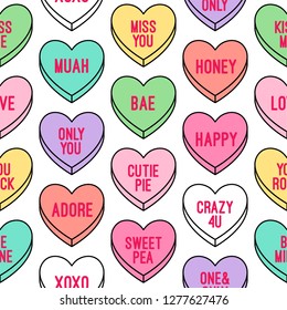 Colorful heart candy seamless pattern background. Set of conversation sweets for valentine’s day.