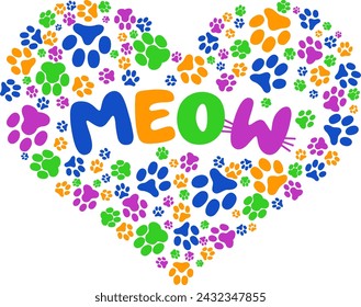 Colorful Heart with Cat's footprints and text meow vector illustration