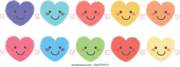 Colorful heart characters holding hands