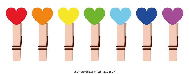 Colorful Heart Clothespins in Rainbow Order Isolated on White Background. Love, Valentine's Day, DIY Decor, Cute Wooden Pegs for Cards and Crafts