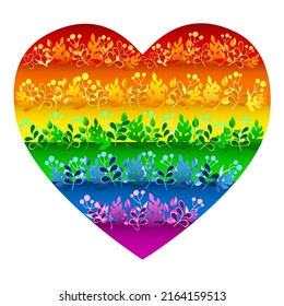 colorful heart in colored leaves, branch and flowers .LGBT rainbow flag symbol with herbal items. love concept. vector illustration.