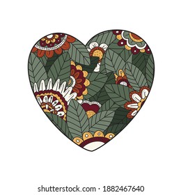 Colorful heart consisting of flowers leafs and plants. Design for wedding invitations and Valentine's Day. Vector illustration.