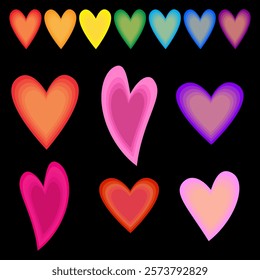 Colorful heart design. Gradient layered shapes. Romantic black background. Abstract love symbols.