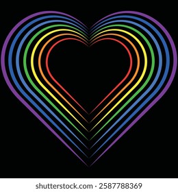 Colorful heart design radiating with pride, a symbol of love and inclusion against a stark black backdrop. A vibrant spectrum of unity.