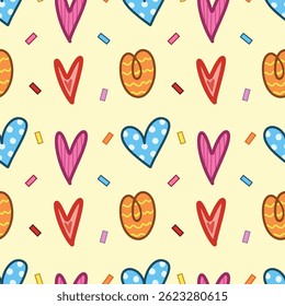 Colorful heart doodle hand drawn seamless pattern background for wallpaper, love, valentine and wrapping