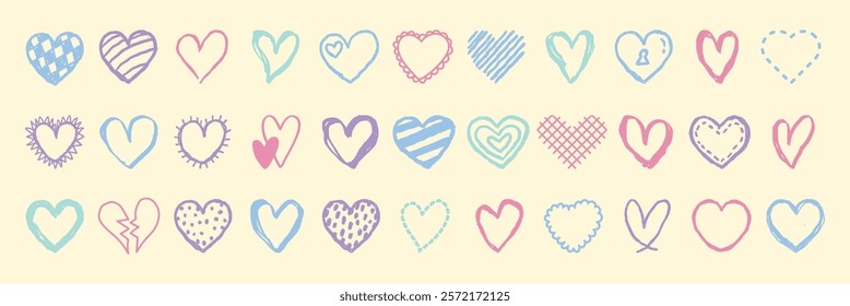 Colorful heart doodles in blue, pink, and purple. Various heart designs, including stripes, dots, and zigzags. Playful heart illustrations on a light background. Valentine's element vector set.