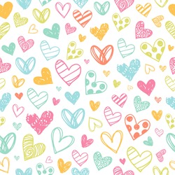 Colorful Heart Doodles Love Seamless Pattern Valentines Day. Hand Drawn Hearts Background Pastel. Stylized Heart Seamless Pattern. For T-Shirt, Posters, Textile, Cart, Wedding, Valentine Day Etc.