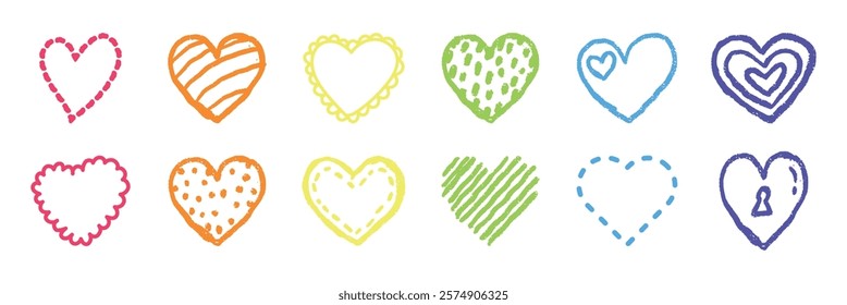 Colorful heart doodles in various styles. Hearts in red, orange, yellow, green, blue, and purple. Playful heart patterns and designs in vibrant colors. Valentine's element vector set.