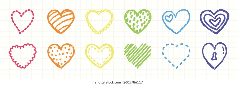 Colorful heart doodles in various styles and colors. Hearts in red, orange, yellow, green, blue, and purple. Heart patterns include stripes, dots, and swirls. Valentine's element vector set.