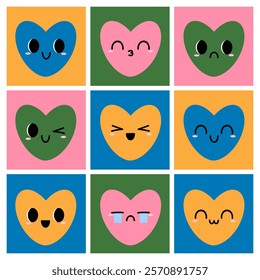 Colorful heart emoticons grid illustration. Cute cartoon hearts in pink, blue, green, and orange squares with various expressions: happy, sad, winking, and more. Fun and cheerful design.