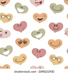 colorful heart Emoticons seamless pattern. heart Faces with various Emotions backgrond.  Different colorful hearts. Love symbol. Valentines Day concept
