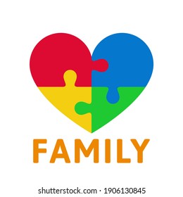 Colorful heart from four puzzle pieces and sign - family, isolated on white background. Family logo concept. Vector illustration, flat design, cartoon style.