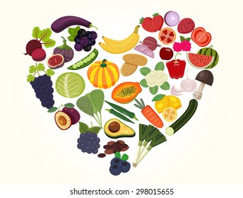 Colorful heart of fruits and vegetables, illustration, vector