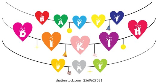 Colorful Heart Garland for Birthday Party Decorations. Isolated On Transparent Background.