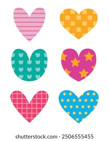 Gráfico de corazón colorido con varios patrones para pegatina, elemento, San Valentín e ilustración