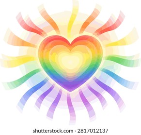 A colorful heart icon featuring rainbow gradients and outward radiating light beams isolated on a white background representing love and positivity.