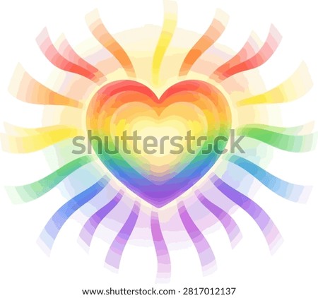 A colorful heart icon featuring rainbow gradients and outward radiating light beams isolated on a white background representing love and positivity.