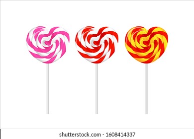 Colorful heart lollipops on white isolated. Vector illustration for Valentine's Day, wedding, Birthday and party. Vector set on white background.