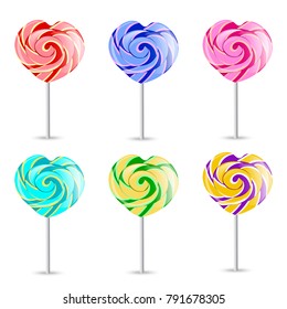 Colorful heart lollipops on white isolated. Vector EPS-10